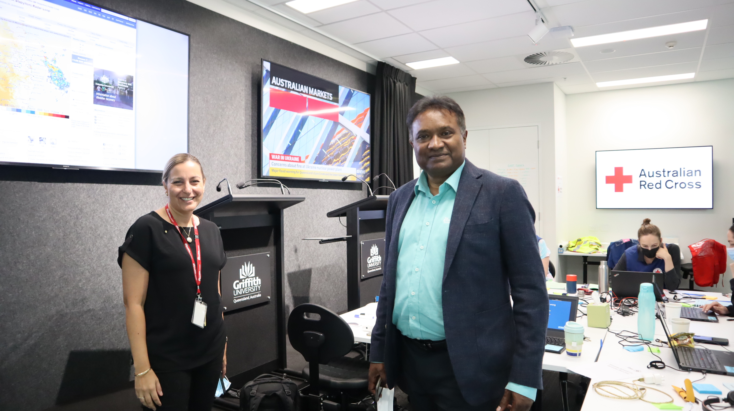 Red Cross State Emergency Services Manager and acting Queensland Director Collin Sivalingum and Professor Cheryl Desha at Red Cross's temporary headquarters at Nathan campus.