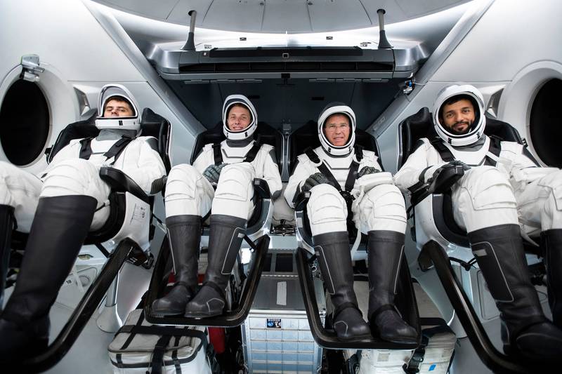 Dr Sultan Al Neyadi and crew in a Dragon capsule during a training session. Photo: NASA/SpaceX