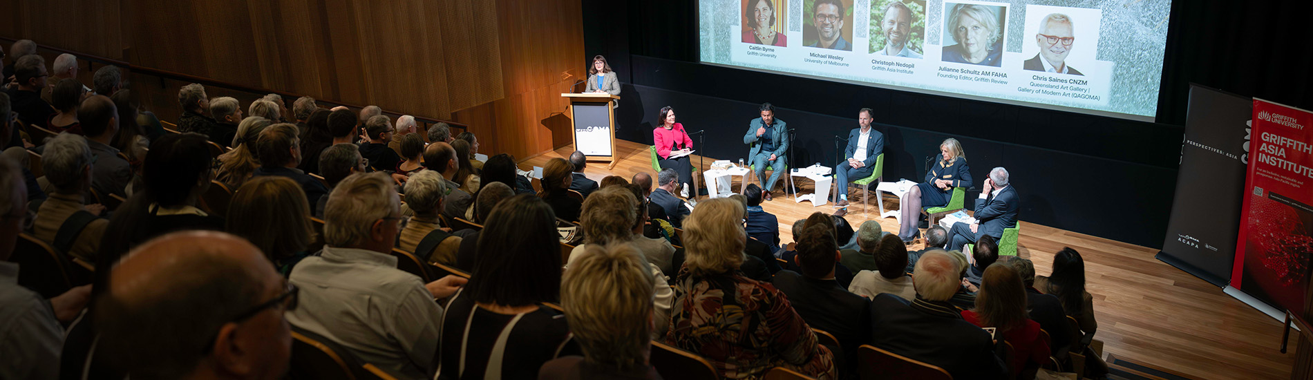 Professor Carolyn Evans introducing the panel members, Professor Caitlin Byrne, Professor Michaels Wesley, Professor Christoph Nedopil, Professor Julianne Schultz and Chris Saines at the 20 year anniversary Perspectives:Asia