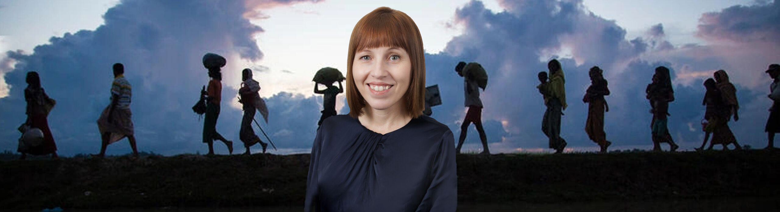 Professor Sara E Davies over a background representative photo of a line of migrants walking at sunset.