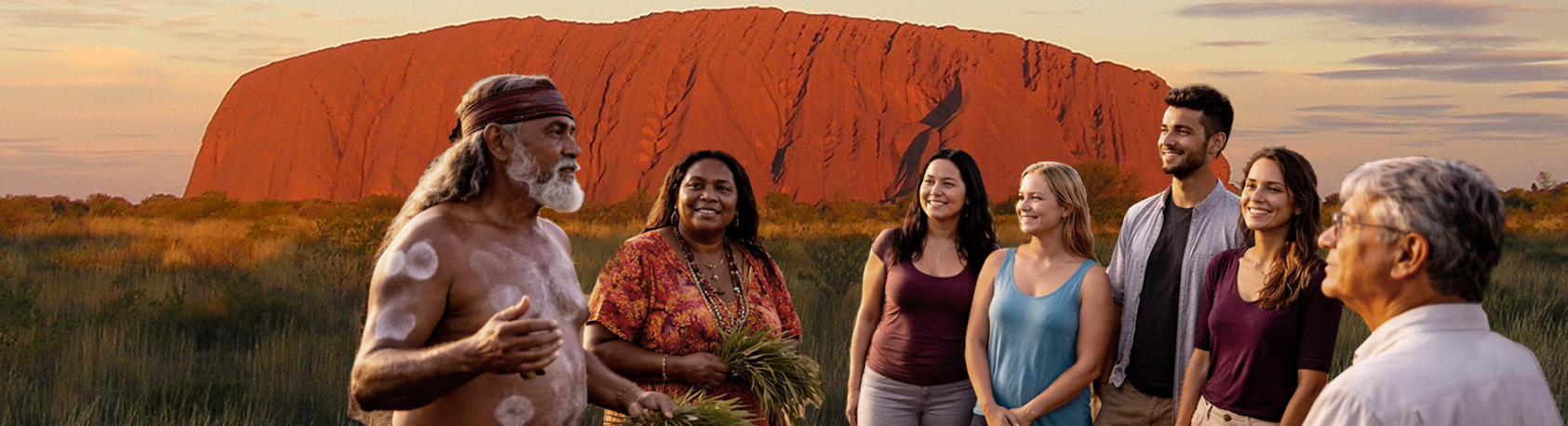 Indigenous man and woman talking to a group of tourists with Ayre's Rock in the background.